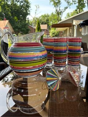 Pottery Barn Striped Glass Pitcher & Tumbler Set in Red, Blue, Yellow, Green